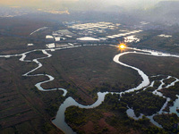 In Weinan, China, on October 13, 2024, the photo shows the Qiachuan wetland in the Yellow River in Weinan city, Shaanxi province, China. (