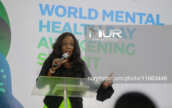 Eniola Bello, founder of Mindsplace and convener of the World Mental Health Day Awakening Summit, speaks during the summit to discuss ''Ment...