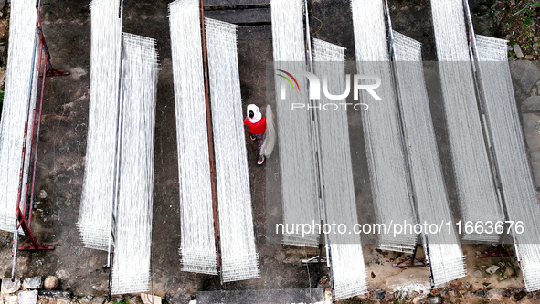 Villagers dry their noodles on wooden tanning racks in front and back of their farmhouses in Fuzhou, China, on October 13, 2024. 