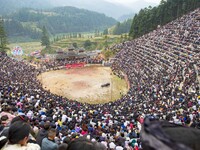 People watch a bullfight at a bullfighting pond in Congjiang County, Guizhou Province, China, on October 13, 2024. (