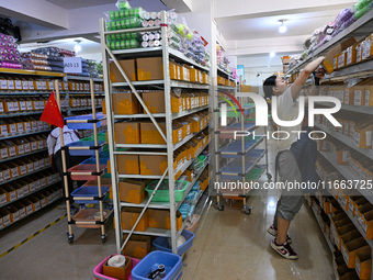 Workers sort goods at an e-commerce base in Jinhua, China, on October 14, 2024. On the same day, major e-commerce companies in China open th...