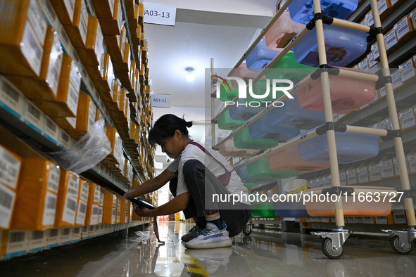 Workers sort goods at an e-commerce base in Jinhua, China, on October 14, 2024. On the same day, major e-commerce companies in China open th...