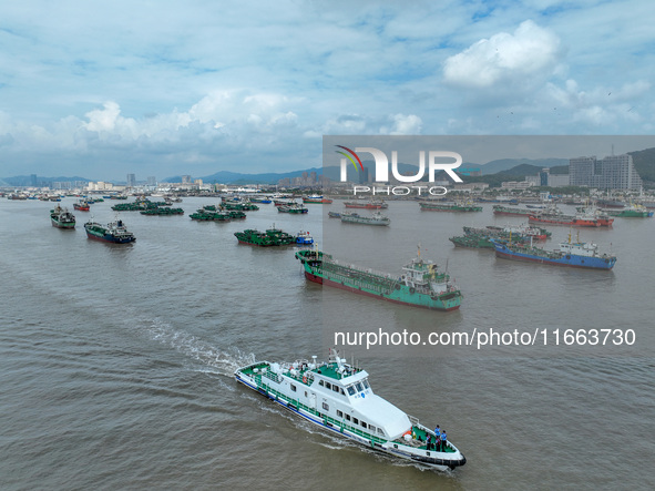 An anti-smuggling brigade carries out a maritime patrol and law enforcement operation in Zhoushan, China, on October 14, 2024. 