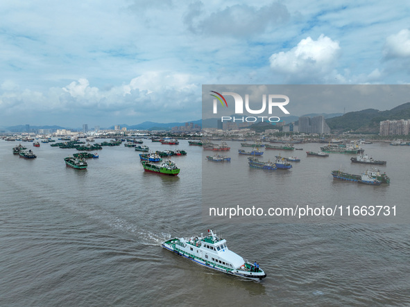 An anti-smuggling brigade carries out a maritime patrol and law enforcement operation in Zhoushan, China, on October 14, 2024. 