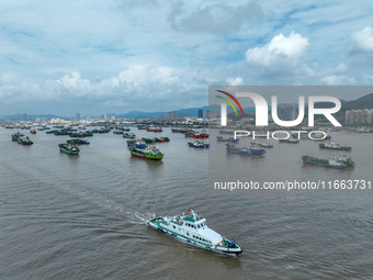 An anti-smuggling brigade carries out a maritime patrol and law enforcement operation in Zhoushan, China, on October 14, 2024. (