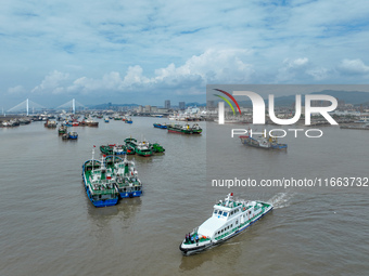 An anti-smuggling brigade carries out a maritime patrol and law enforcement operation in Zhoushan, China, on October 14, 2024. (