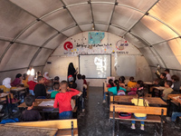 With The Approach Of Winter, Students In The Deir Ballut Camp In Rural Aleppo Study In A School Made Up Of Torn Tents, on october 13, 2024.(