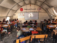 With The Approach Of Winter, Students In The Deir Ballut Camp In Rural Aleppo Study In A School Made Up Of Torn Tents, on october 13, 2024.(