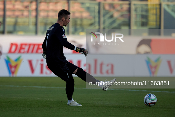 Dumitru Celeadnic, goalkeeper of Moldova, is in action during the UEFA Nations League, League D, Group D2 soccer match between Malta and Mol...