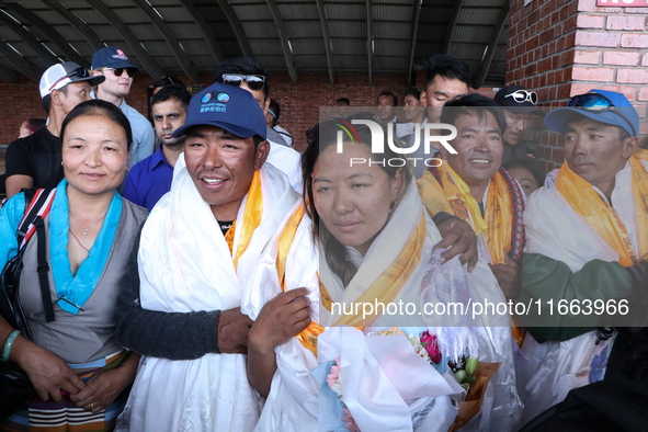 Dawa Yangzum Sherpa, the first Nepalese woman to summit all 14 of the world's highest 8000m peaks, arrives at Tribhuvan International Airpor...