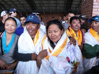 Dawa Yangzum Sherpa, the first Nepalese woman to summit all 14 of the world's highest 8000m peaks, arrives at Tribhuvan International Airpor...