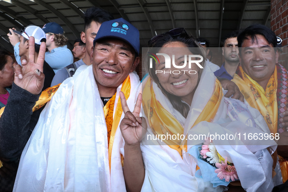 Dawa Yangzum Sherpa, the first Nepalese woman to summit all 14 of the world's highest 8000m peaks, arrives at Tribhuvan International Airpor...