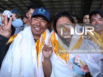 Dawa Yangzum Sherpa, the first Nepalese woman to summit all 14 of the world's highest 8000m peaks, arrives at Tribhuvan International Airpor...