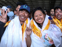 Dawa Yangzum Sherpa, the first Nepalese woman to summit all 14 of the world's highest 8000m peaks, arrives at Tribhuvan International Airpor...