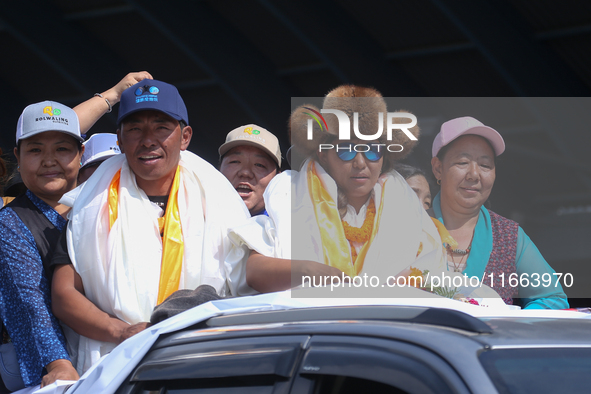 Dawa Yangzum Sherpa, the first Nepalese woman to summit all 14 of the world's highest 8000m peaks, arrives at Tribhuvan International Airpor...