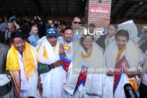 Dawa Yangzum Sherpa, the first Nepalese woman to summit all 14 of the world's highest 8000m peaks, arrives at Tribhuvan International Airpor...