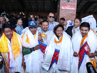 Dawa Yangzum Sherpa, the first Nepalese woman to summit all 14 of the world's highest 8000m peaks, arrives at Tribhuvan International Airpor...