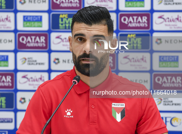 Palestine national team player Musab Battat attends a press conference at Jassim Bin Hamad Stadium in Doha, Qatar, on October 14, 2024, ahea...