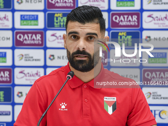 Palestine national team player Musab Battat attends a press conference at Jassim Bin Hamad Stadium in Doha, Qatar, on October 14, 2024, ahea...