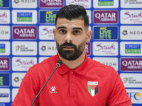 Palestine national team player Musab Battat attends a press conference at Jassim Bin Hamad Stadium in Doha, Qatar, on October 14, 2024, ahea...