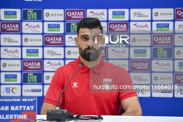 Palestine national team player Musab Battat attends a press conference at Jassim Bin Hamad Stadium in Doha, Qatar, on October 14, 2024, ahea...