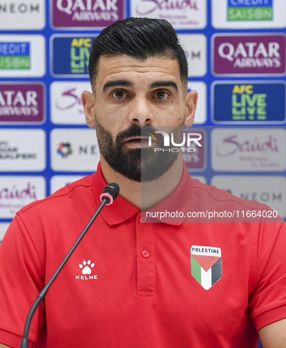 Palestine national team player Musab Battat attends a press conference at Jassim Bin Hamad Stadium in Doha, Qatar, on October 14, 2024, ahea...