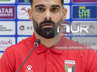 Palestine national team player Musab Battat attends a press conference at Jassim Bin Hamad Stadium in Doha, Qatar, on October 14, 2024, ahea...