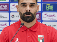 Palestine national team player Musab Battat attends a press conference at Jassim Bin Hamad Stadium in Doha, Qatar, on October 14, 2024, ahea...