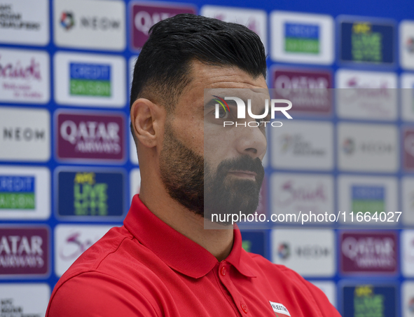 Palestine national team player Musab Battat attends a press conference at Jassim Bin Hamad Stadium in Doha, Qatar, on October 14, 2024, ahea...