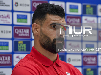 Palestine national team player Musab Battat attends a press conference at Jassim Bin Hamad Stadium in Doha, Qatar, on October 14, 2024, ahea...