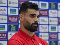 Palestine national team player Musab Battat attends a press conference at Jassim Bin Hamad Stadium in Doha, Qatar, on October 14, 2024, ahea...