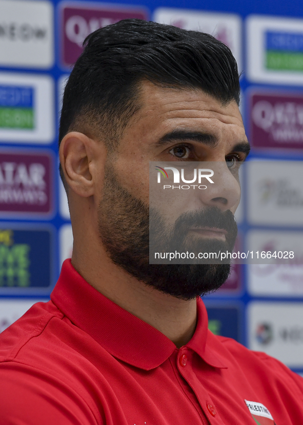 Palestine national team player Musab Battat attends a press conference at Jassim Bin Hamad Stadium in Doha, Qatar, on October 14, 2024, ahea...