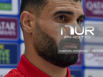 Palestine national team player Musab Battat attends a press conference at Jassim Bin Hamad Stadium in Doha, Qatar, on October 14, 2024, ahea...