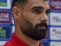 Palestine national team player Musab Battat attends a press conference at Jassim Bin Hamad Stadium in Doha, Qatar, on October 14, 2024, ahea...