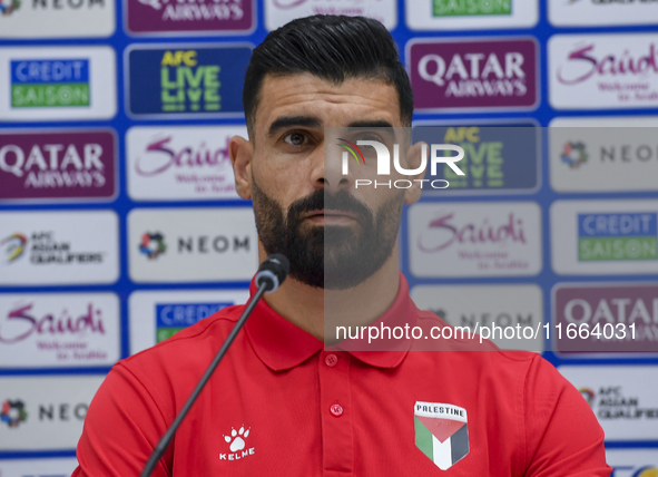 Palestine national team player Musab Battat attends a press conference at Jassim Bin Hamad Stadium in Doha, Qatar, on October 14, 2024, ahea...