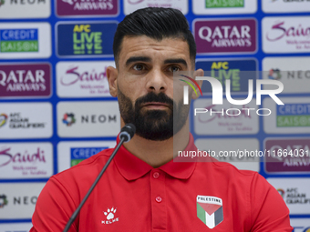 Palestine national team player Musab Battat attends a press conference at Jassim Bin Hamad Stadium in Doha, Qatar, on October 14, 2024, ahea...