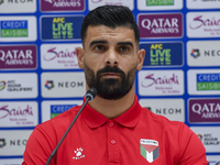 Palestine national team player Musab Battat attends a press conference at Jassim Bin Hamad Stadium in Doha, Qatar, on October 14, 2024, ahea...