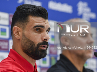 Palestine national team player Musab Battat attends a press conference at Jassim Bin Hamad Stadium in Doha, Qatar, on October 14, 2024, ahea...