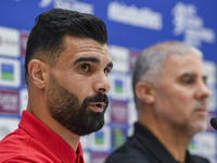 Palestine national team player Musab Battat attends a press conference at Jassim Bin Hamad Stadium in Doha, Qatar, on October 14, 2024, ahea...