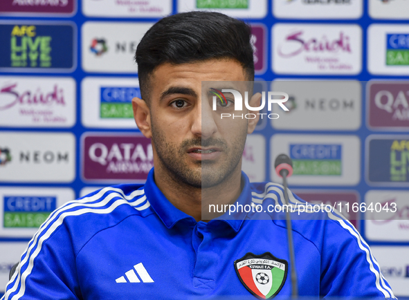 Kuwait team player Redha Abujabarah attends a press conference at Jassim Bin Hamad Stadium in Doha, Qatar, on October 14, 2024, ahead of the...