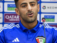 Kuwait team player Redha Abujabarah attends a press conference at Jassim Bin Hamad Stadium in Doha, Qatar, on October 14, 2024, ahead of the...