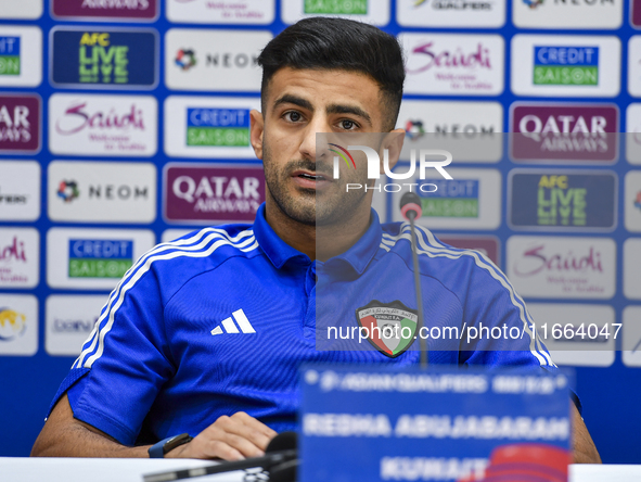 Kuwait team player Redha Abujabarah attends a press conference at Jassim Bin Hamad Stadium in Doha, Qatar, on October 14, 2024, ahead of the...