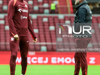 Robert Lewandowski, Coach Michal Probierz during training before UEFA Nations League match Poland vs Croatia in Warsaw Poland on 14 October...