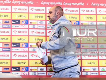 Coach Michal Probierz during press conference before UEFA Nations League match Poland vs Croatia in Warsaw Poland on 14 October 2024. (