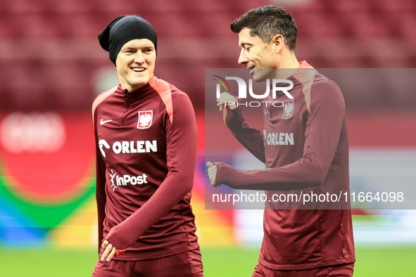 Karol Swiderski, Robert Lewandowski during training before UEFA Nations League match Poland vs Croatia in Warsaw Poland on 14 October 2024. 