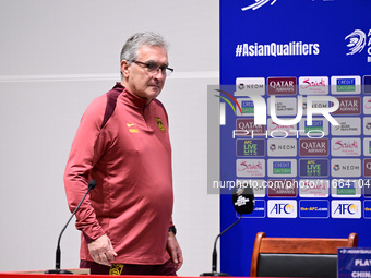 China's head coach Branko Ivankovic attends a pre-match press conference at Qingdao Youth Football Stadium in Qingdao, China, on October 14,...