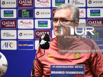 China's head coach Branko Ivankovic attends a pre-match press conference at Qingdao Youth Football Stadium in Qingdao, China, on October 14,...