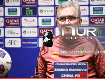 China's head coach Branko Ivankovic attends a pre-match press conference at Qingdao Youth Football Stadium in Qingdao, China, on October 14,...