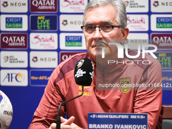 China's head coach Branko Ivankovic attends a pre-match press conference at Qingdao Youth Football Stadium in Qingdao, China, on October 14,...