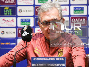 China's head coach Branko Ivankovic attends a pre-match press conference at Qingdao Youth Football Stadium in Qingdao, China, on October 14,...